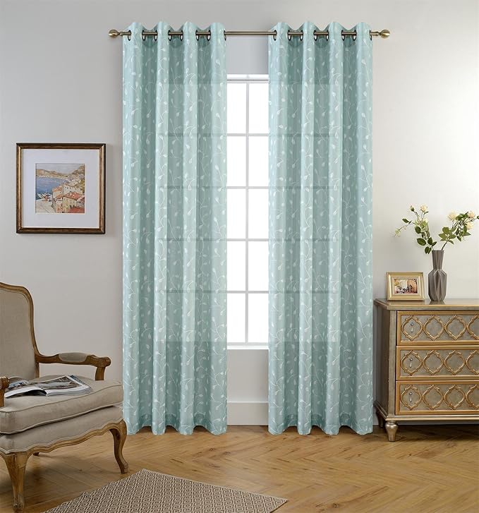 MIUCO Floral Embroidery Semi Sheer Curtains Faux Linen Grommet Panels for Living Room 52 x 84 Inch 2 Panels Set, Subtle Green-Ruum Studio Home