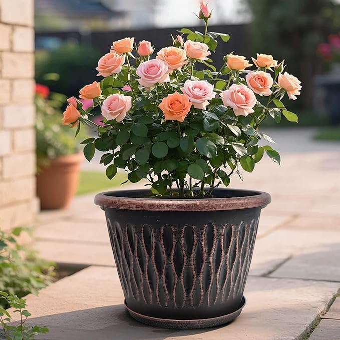 4 Pack 9 Inch Retro Plant Pots, Vintage Striped Flower Pots with Drainage Hole & Saucer, Large Plastic Planters for Indoor and Outdoor Plants, Decorative Garden Pots(Copper)-Ruum Studio Home