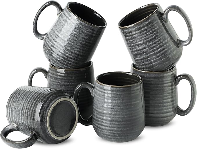 Hasense Ceramic Coffee Mugs Set of 6, Large Coffee Cups 12 oz, Latte Mug with Large Handle for Coffee, Tea, Milk and Hot Cocoa, Easy Hold & Clean, Dishwasher & Microwave Safe, Grey-Ruum Studio Home