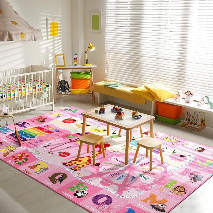 Kids Rugs for Playroom Bedroom Classroom Nursery, Non-Slip and Washable Rugs for Children Toddlers Girls, Educational and Fun Rug Carpets with ABC Alphabet Animals Shapes, 3x5, Pink-Ruum Studio Home