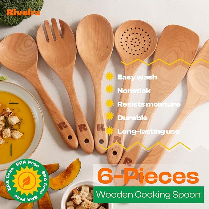 Riveira Cherry Wooden Spoons for Cooking Set of 6 – Natural Cherry Wood Cooking Utensils, Wooden Spatula, Wooden Spoon - Premium Quality Wooden Utensil Set for Non-Toxic Cooking-Ruum Studio Home