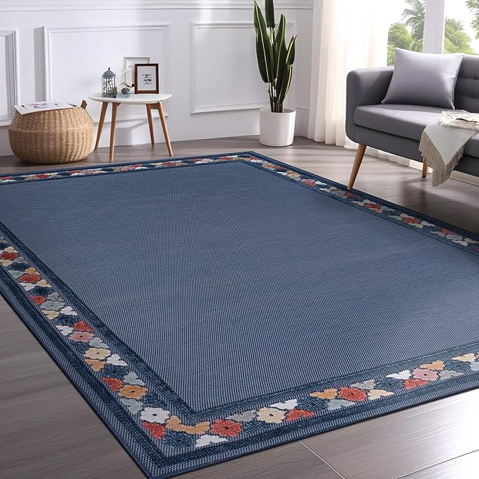 Beverly Rug Outdoor Rug 8x10 Modern Bordered Area Rugs for Indoor and Outdoor Patio Easy to Clean Non Shedding Living Room Porch Garden Washable Outside Carpet (8 x 10 Blue)-Ruum Studio Home