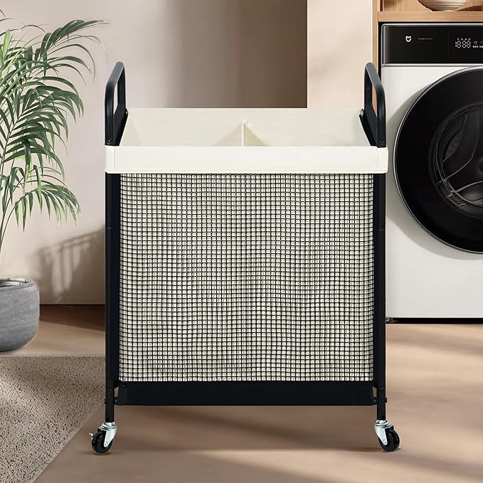 STO STO Laundry Hamper 2 Section, 100L Rolling Laundry Sorter Cart with Removable and Washable Liner Bag, Rolling Clothes Hamper with Metal Handle for Laundry Room and Bedroom-Ruum Studio Home