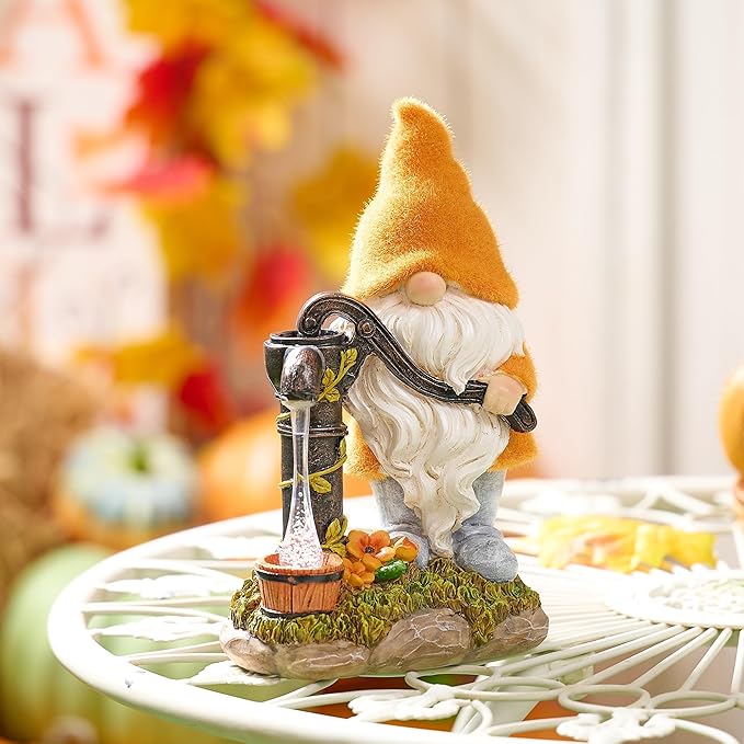 TERESA'S COLLECTIONS Fall Decor, Fall Gnomes Decor, Autumn Garden Gnomes Pumping Water with Solar Lights, Waterproof Resin Outdoor Fall Decor, Fall Gifts Outdoor/Indoor,9"-Ruum Studio Home