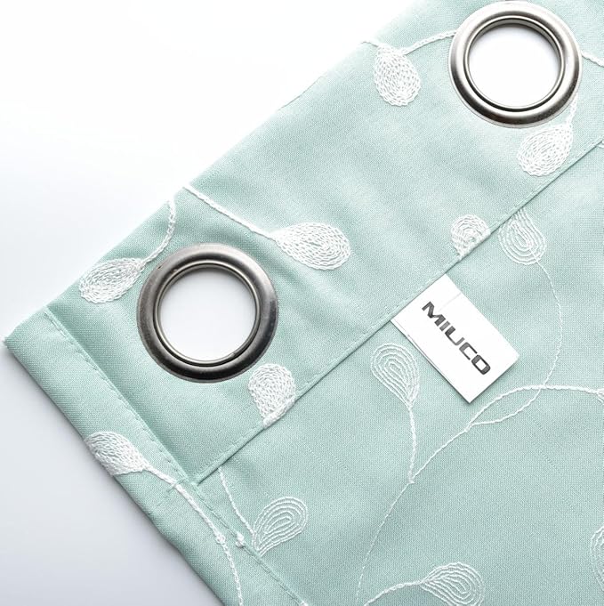 MIUCO Floral Embroidery Semi Sheer Curtains Faux Linen Grommet Panels for Living Room 52 x 84 Inch 2 Panels Set, Subtle Green-Ruum Studio Home