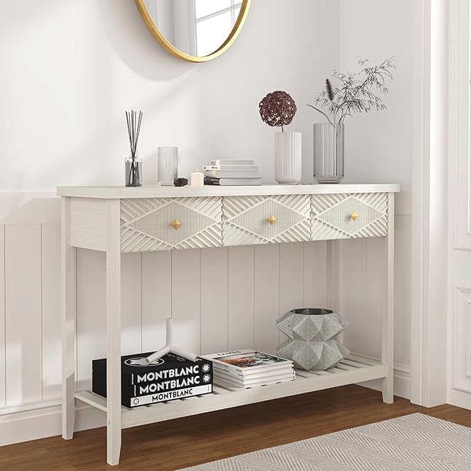 47" Fluted Console Table with 3 Drawers, Narrow Long Entryway Table with Storage Shelf, Sofa Tables for Entryway, Living Room, Behind Couch, Foyer, Hallway, Office (Beige)-Ruum Studio Home
