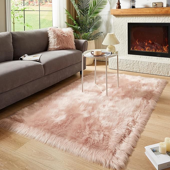 AMTOVO Faux Fur Sheepskin Rug for Living Room, 4 x 6 ft Pink Fluffy Area Rug for Bedroom, Playroom, Luxury Room Decor, Rectangle-Ruum Studio Home