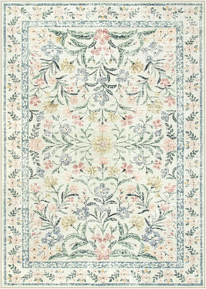 Wonnitar Large Living Room Rug, Floral 10 x 14 Machine Washable Area Rugs, Soft Boho Ultra-Thin Non-Shedding Indoor Aesthetic Carpet for Bedroom Dining Room Office-Ruum Studio Home