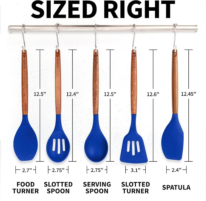 Zulay Kitchen Non-Stick Silicone Cooking Utensils Set with Acacia Wood Handles - 5 Piece Set - Heat Resistant to 464F - Dark Blue-Ruum Studio Home