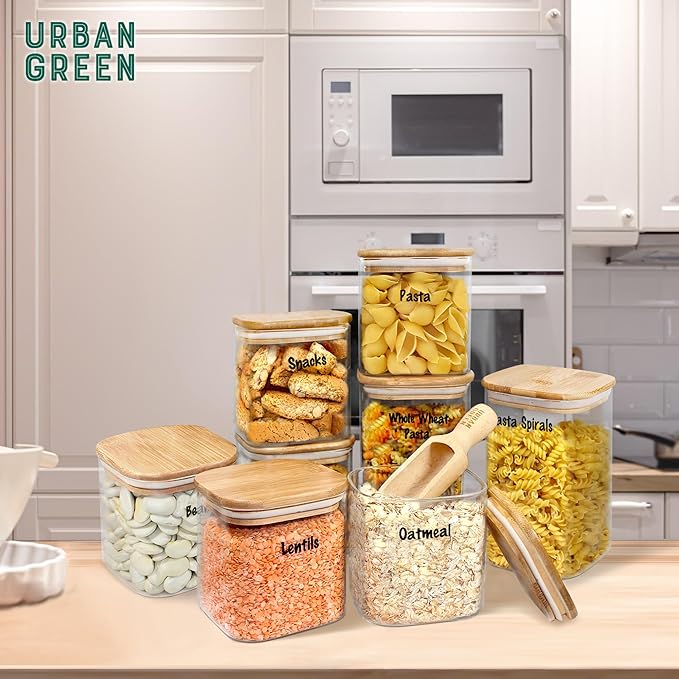 Urban Green Glass Jars with Airtight Lids, Airtight Glass Canisters with Locking Lids, (Bamboo-6P-24oz)-Ruum Studio Home