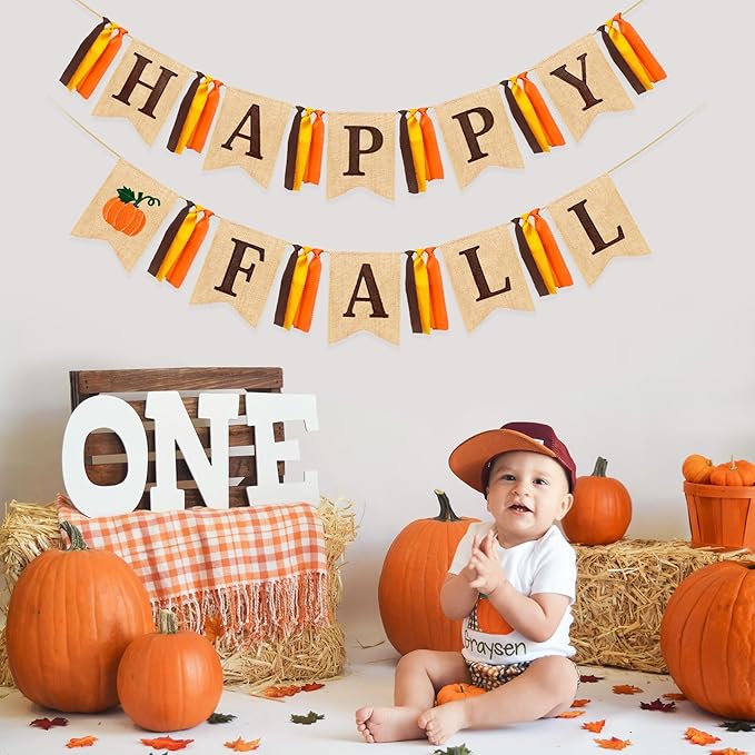 Happy Fall Pumpkin Burlap Pennant Banner Flag Felt Happy Fall Sign and Pumpkin Pattern with Fall Color Ribbon for Fall Autumn Harvest Thanksgiving Day Birthday Baby Shower Party Decorations Supplies-Ruum Studio Home