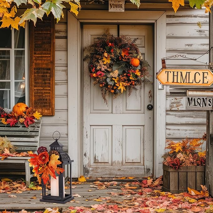 NEEDOMO Fall Decorations for Home, 15'' Fall Lantern Indoor Outdoor Thanksgiving Decor, Vintage Metal Hanging Candle Holders with Fall Teardrop Wreath and LED Candle for Patio, Porch, Table-Ruum Studio Home