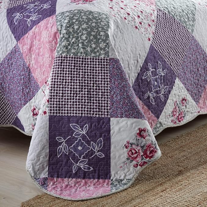 NEWLAKE Quilt Bedspread Sets-Floral Checkered Pattern Reversible Coverlet Set,King Size-Ruum Studio Home