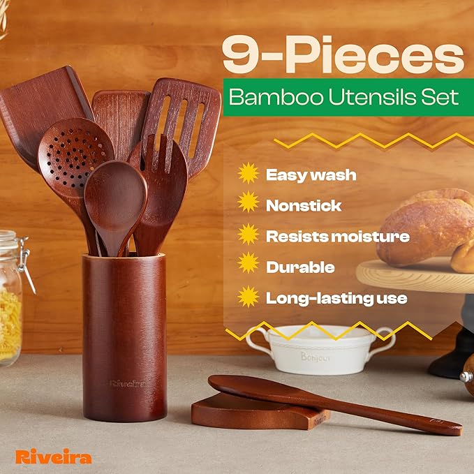 Riveira Set of 9 Premium Brown Bamboo Cooking Utensils - Bamboo Utensils for Cooking - Non-Toxic Utensils - Wooden Kitchen Set for Non-Stick Cookware-Ruum Studio Home