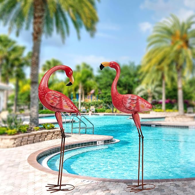 Metal Flamingo Garden Statue, 40" Tall Outdoor Decor Flamingos Yard Art Sculptures and Statues Reinforced Foot, Weatherproof Flamingo Ornaments for Lawn Pool Backyard Decor, Set of 2-Ruum Studio Home