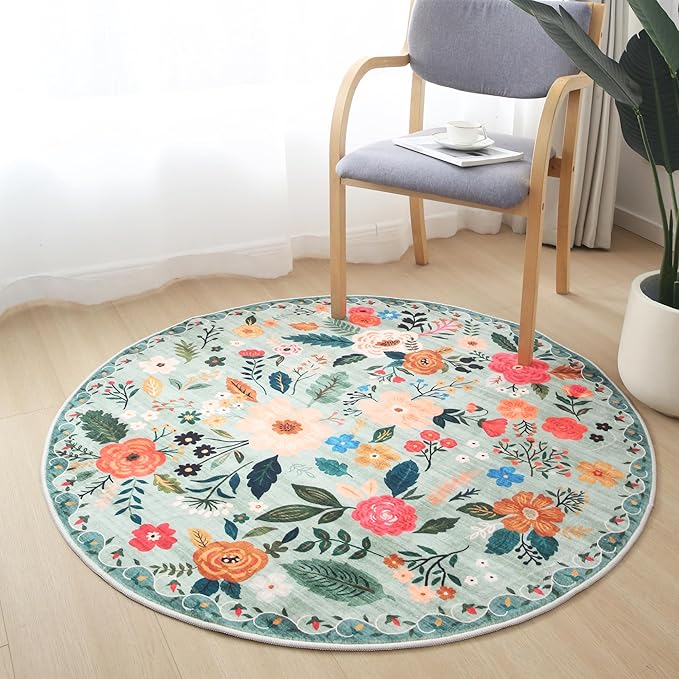 Round Rug 4ft Washable Circle Rug Non Slip Low Pile Boho Floral Small Circular Rug for Bedroom, Bathroom, Entryway, Kids Room, Office, College Dorm(Green)-Ruum Studio Home