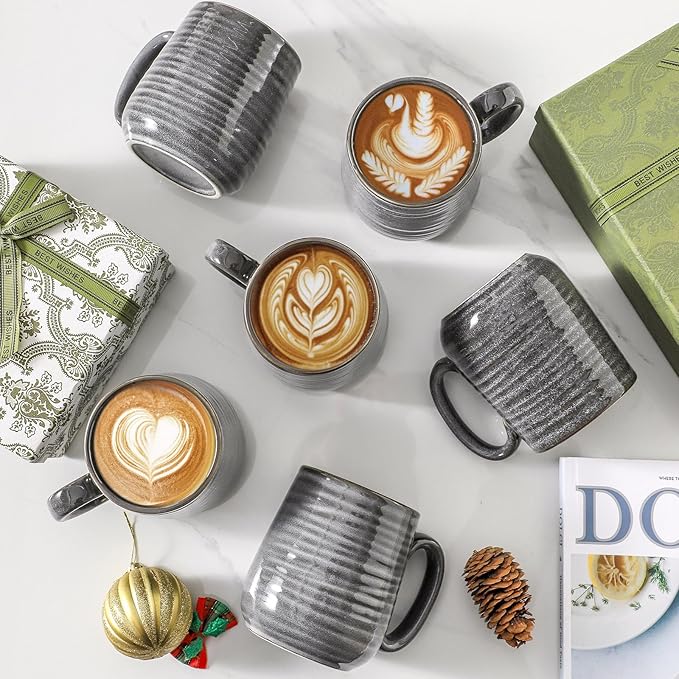 Hasense Ceramic Coffee Mugs Set of 6, Large Coffee Cups 12 oz, Latte Mug with Large Handle for Coffee, Tea, Milk and Hot Cocoa, Easy Hold & Clean, Dishwasher & Microwave Safe, Grey-Ruum Studio Home