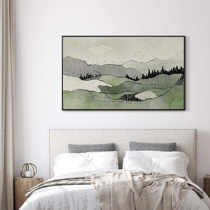 SIGNWIN 36"x60" Extra Large Framed Wall Art Green Line Art Mountain Landscape Illustration for Home Living Room Bedroom Decor (Frame Assembly Required)-Ruum Studio Home