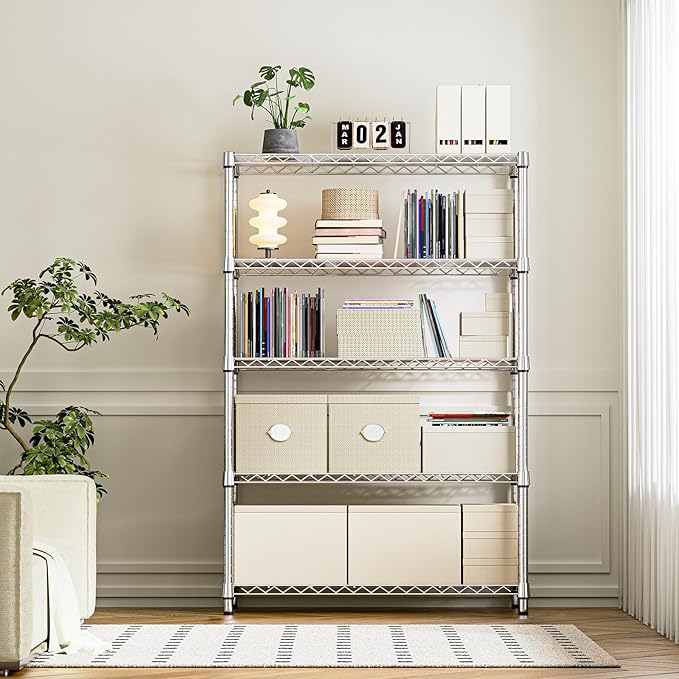 IZEUK 5-Tier Heavy Duty Metal Storage Shelving Unit (Chrome, 17.7" D x 47.2" W x 72.3" H, 1750 lbs Capacity), Adjustable Steel Wire Rack Shelf Organizer for Garage, Kitchen, Pantry, Basement, Laundry-Ruum Studio Home