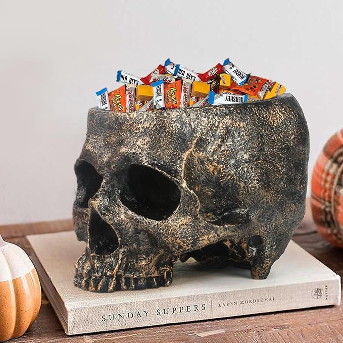 GameXcel Halloween Skull Candy Dish - Large Skull Candy Bowl for Trick or Treat - Skeleton Head Treat Container Planter or Desktop Halloween Decor - Bronze Resin-Ruum Studio Home