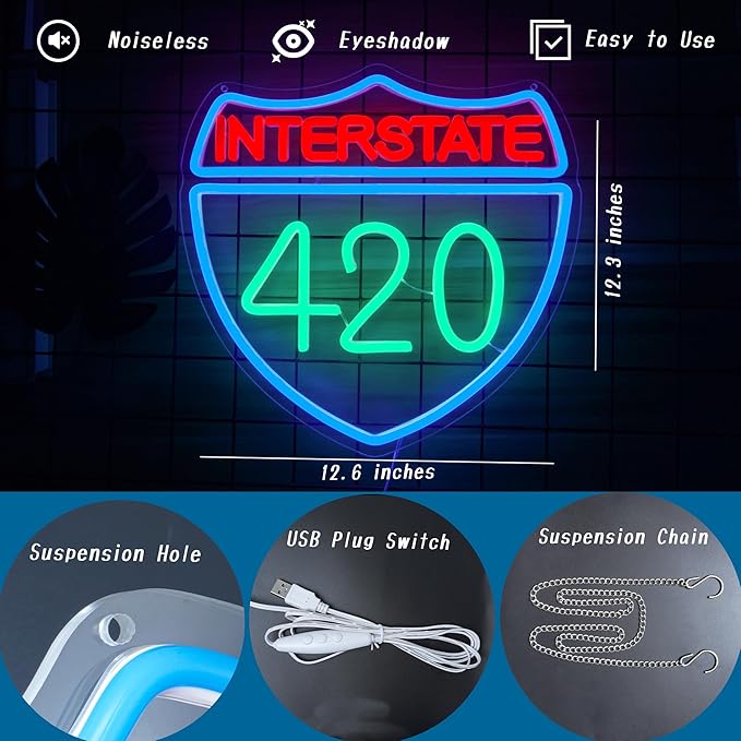 Interstate 420 Neon Sign Green Leaf Neon Signs for Wall Decor Dimmable 420 Theme Light Vintage Route Neon Light Sign for Game Room Man Cave Bar Decor Suitable Gift for Party Birthday(12.6 * 12.3inch)