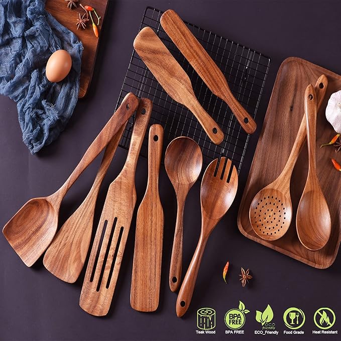 Wooden Spoons for Cooking,GUDAMAYE 10 PCS Wooden Kitchen Utensils Set,Wooden Cooking Utensils For Non-stick Pan,Teak Wood Utensils Set,Spurtles Kitchen Tools As Seen On Tv-Ruum Studio Home