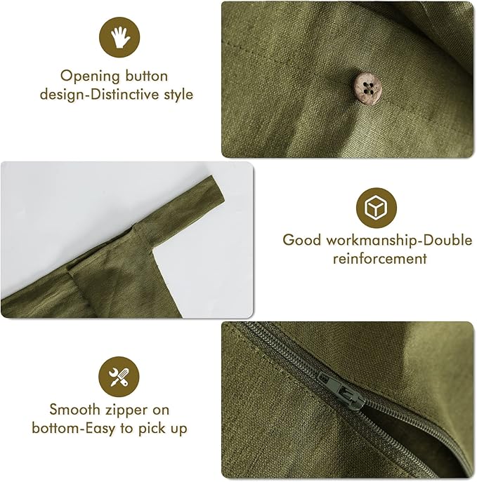 Linen Hanging Laundry Bag, 100% Linen Over The Door Laundry Hamper with Buttons and Zipper, Space Saving Door Hampers for Laundry Dirty Clothes Home Travel, Green-Ruum Studio Home