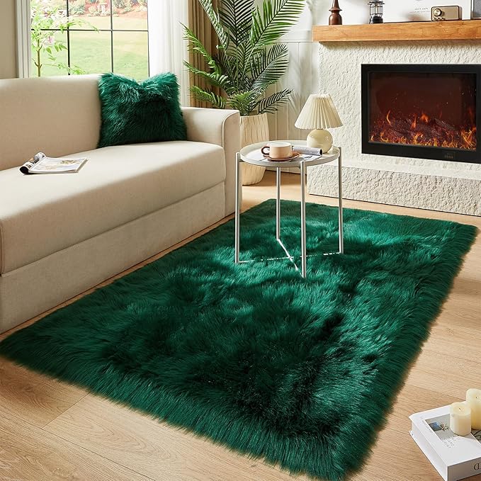 AMTOVO Faux Fur Sheepskin Rug for Living Room, 4 x 6 ft Dark Green Fluffy Area Rug for Bedroom, Playroom, Luxury Room Decor, Rectangle-Ruum Studio Home
