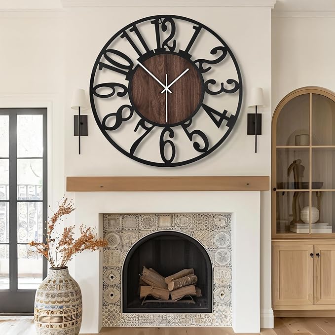 Maxstar Large Round Wall Clock for Living Room Decor Battery Operated Non Ticking Black Metal Wood Clocks for Home Living Room Garden Office Kitchen Decoration -40inch