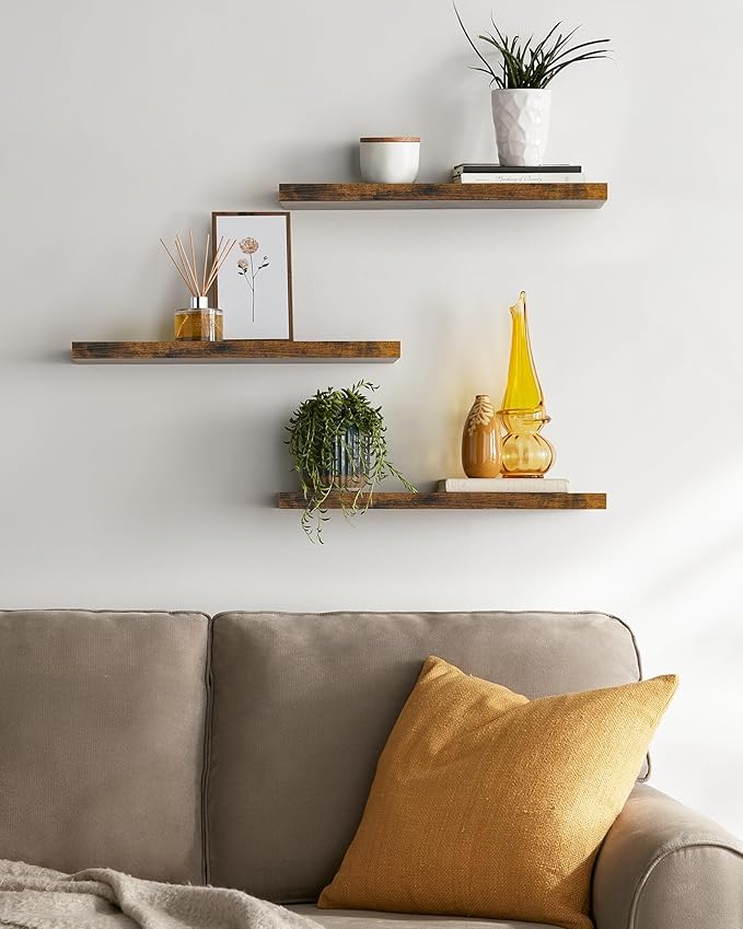 BAYKA Floating Shelves for Wall, 22.5 inches Wall Mounted Rustic Wood Shelves for Bathroom, Bedroom, Living Room, Floating Shelves for Books/Storage/Decor(Rustic Brown,Set of 3)-Ruum Studio Home