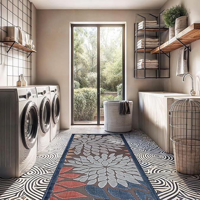 Beverly Rug Outdoor Runner Rug 2x7 Modern Floral Tropical Area Rugs for Indoor and Outdoor Patio Easy to Clean Non Shedding Living Room Porch Garden Washable Outside Carpet (2 x 7 Brown)-Ruum Studio Home