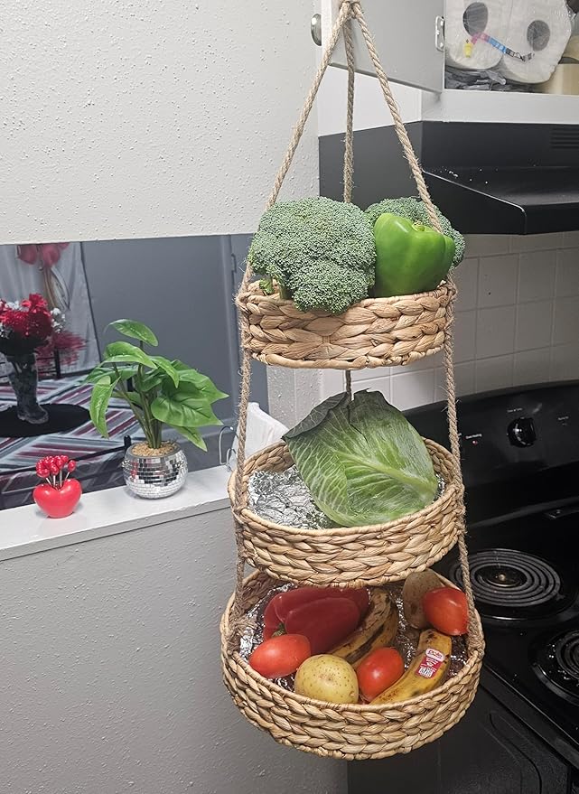 Generic HANFRUBASK - Hanging Fruit Basket Set of 3, Woven Water Hyacinth, Round, Beige, Rustic, Kitchen Storage & Organization-Ruum Studio Home