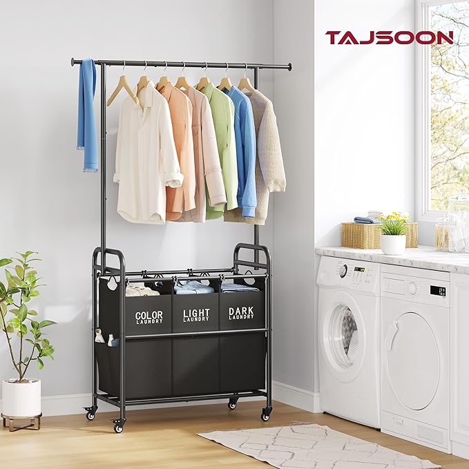Tajsoon Laundry Sorter Cart with Hanging Rack, Laundry Sorter 3 Section, Laundry Hamper with Heavy Duty Rolling Lockable Wheels, Black-Ruum Studio Home