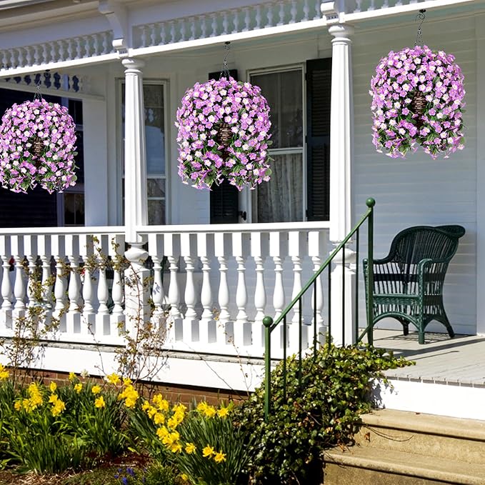 Artificial Fake Hanging Flowers with Basket for Outdoor Decoration,UV Resistant Faux Silk Light Fuchsia and Fuchsia Orchid Flowers Vines in Planter Realistic Hanging Baskets for Home Porch Garden-Ruum Studio Home