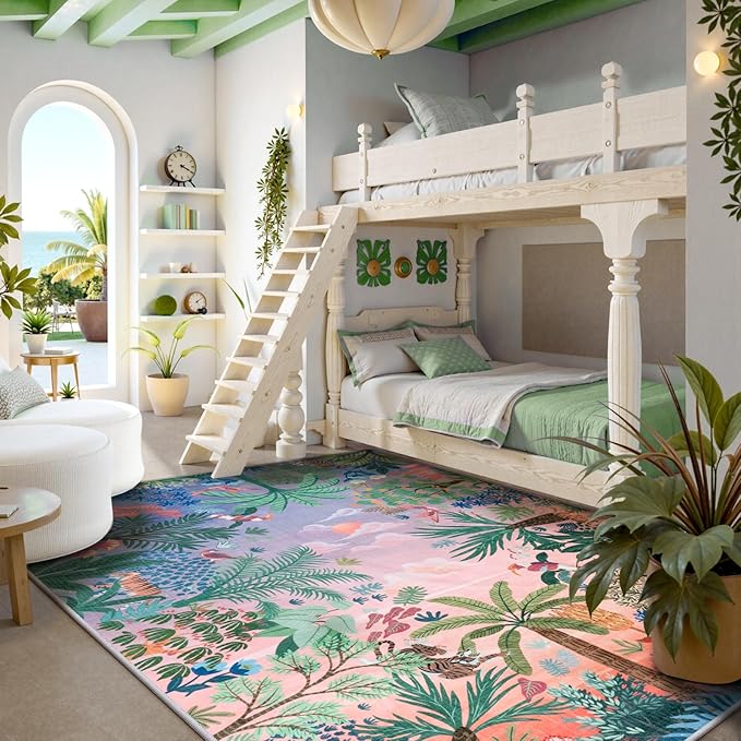 LIVEBOX Jungle Rugs 5x7 Kids Rugs for Bedroom Girls, Soft Lavender Rug for Nursery Baby Room, Non-Slip Girls Bedroom Rug, Machine Washable Purple Modern Dining Room Floor Carpet-Ruum Studio Home