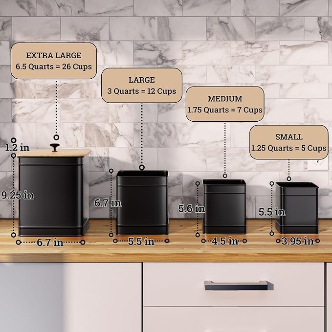 Kitchen Canisters for Countertop Set of 4 with Customizable Chalkboard Labels & Marker Pen - Big Iron Kitchen Canisters with Airtight Lids - Black Canister Set - Flour and Sugar Containers Farmhouse-Ruum Studio Home
