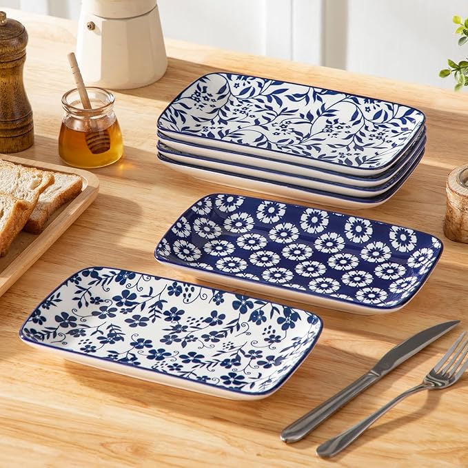vancasso Selene 9.5 Inch Rectangular Dinner Plates Set of 6, Ceramic Salad Plates for Dessert, Appetizer, Porcelain Serving Platters for Entertaining, Microwave & Oven Safe, Vintage Blue & White Color-Ruum Studio Home