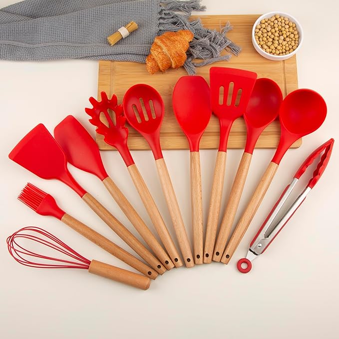Silicone Cooking Utensils Set, Premium Beech Wood Handle Kitchen Gadgets Utensil Set, Non-Stick Kitchen Utensils Spatula, Tongs, Turner, Whisk, Brush, Spoon, BPA FREE, 446°F Resistant (Red)-Ruum Studio Home