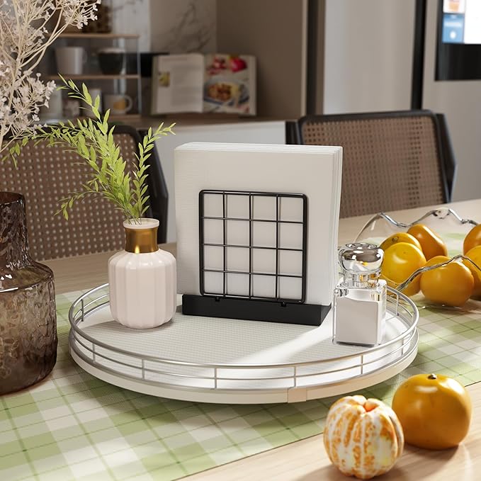 13" Lazy Susan Turntable Organizer for Table Top, Round Wooden Lazy Susan for Cabinet Kitchen Decor Centerpieces Coffee Table, Storage Condiments Spices, Bathroom Vanity Tray for Soap, White-Ruum Studio Home