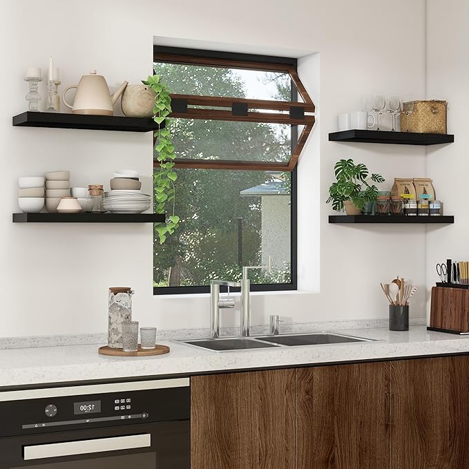 Heimlove 24 inch Floating Shelves for Wall,9.3 inch deep Black Wood Shelves with Invisible Brackets,Wall Mounted Storage & Display Shelves for Bedroom,Living Room,Set of 2-Ruum Studio Home