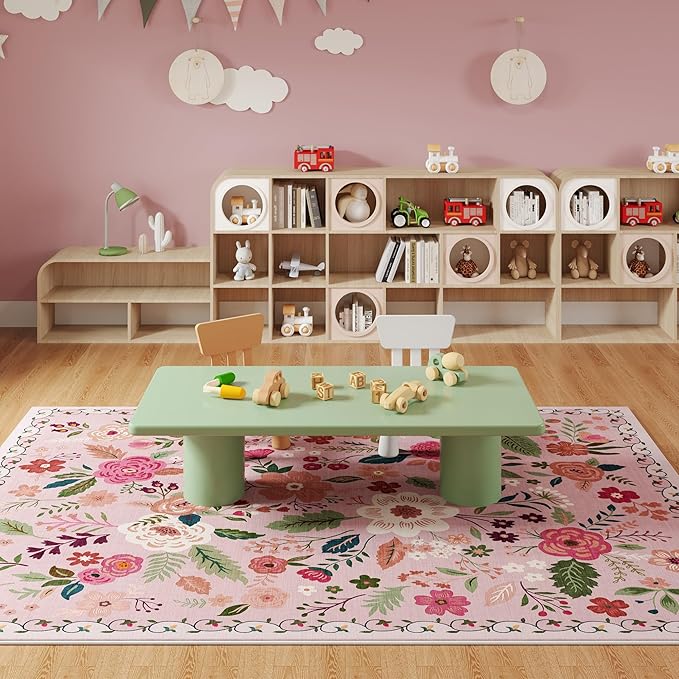 Area Rugs 8x10 Rug for Living Room Clearance Washable Boho Area Rug Non Slip Floral Vintage Low Pile Large Rug for Living Room, Bedroom, Farmhouse, Dining Room, Kids Playroom(Pink)-Ruum Studio Home
