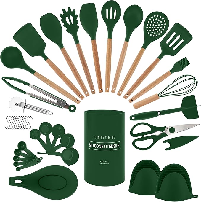 Country Kitchen Non Stick Silicone Utensil Set with Rounded Wood Handles for Cooking and Baking, 38 Piece Set, Green-Ruum Studio Home