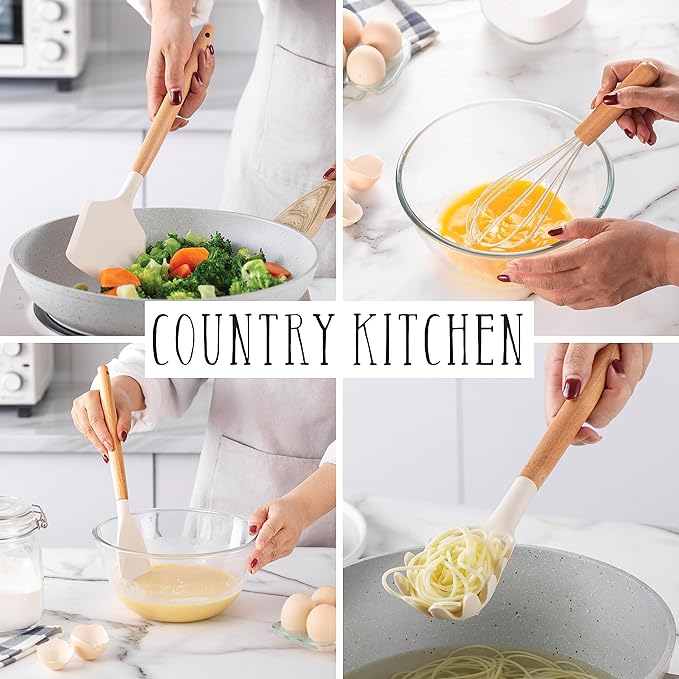 Country Kitchen Non Stick Silicone Utensil Set with Rounded Wood Handles for Cooking and Baking, 38 Piece Set, Khaki-Ruum Studio Home