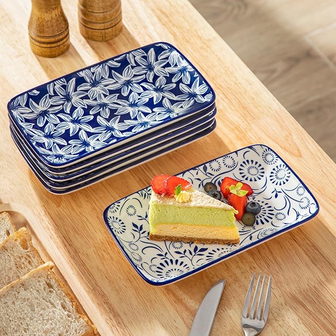 vancasso Selene 8.5 Inch Rectangular Salad Plates Set of 6, Ceramic Salad Plates for Sushi, Dessert, Appetizer, Porcelain Platters for Kitchen Decor, Microwave & Oven Safe, Vintage Blue & White Color-Ruum Studio Home
