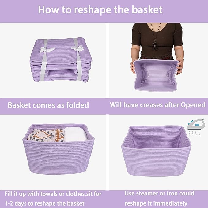 Cotton Rope storage Basket Bins Woven Basket for Organizing Shelves Rectangle Decorative Baskets For storage Clothes Toys Books Towels Square Wicker Nursery basket organizer 3 pack purple lavender-Ruum Studio Home