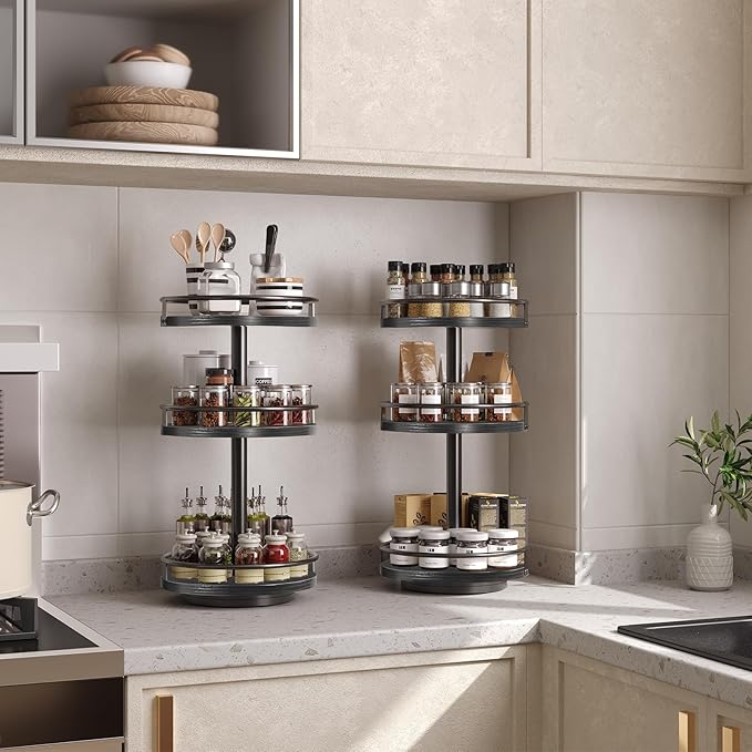 HOOBRO Lazy Susan Organizer, Rotating Spice Rack, 3-Tier Organizer, Turntable Spice Rack, Vertical Storage Organizer, for Kitchen Countertop, Vanity, Dining Table, Black BB09TL01-Ruum Studio Home