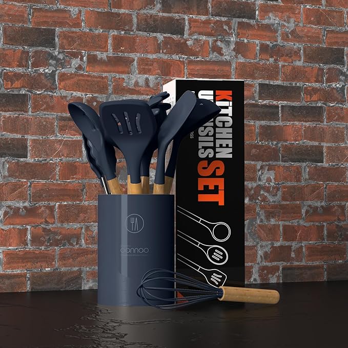 Silicone Cooking Utensils Set - 446°F Heat Resistant Silicone Kitchen Utensils for Cooking,Kitchen Utensil Spatula Set w Wooden Handles and Holder, BPA FREE Gadgets for Non-Stick Cookware (Navy Blue)-Ruum Studio Home