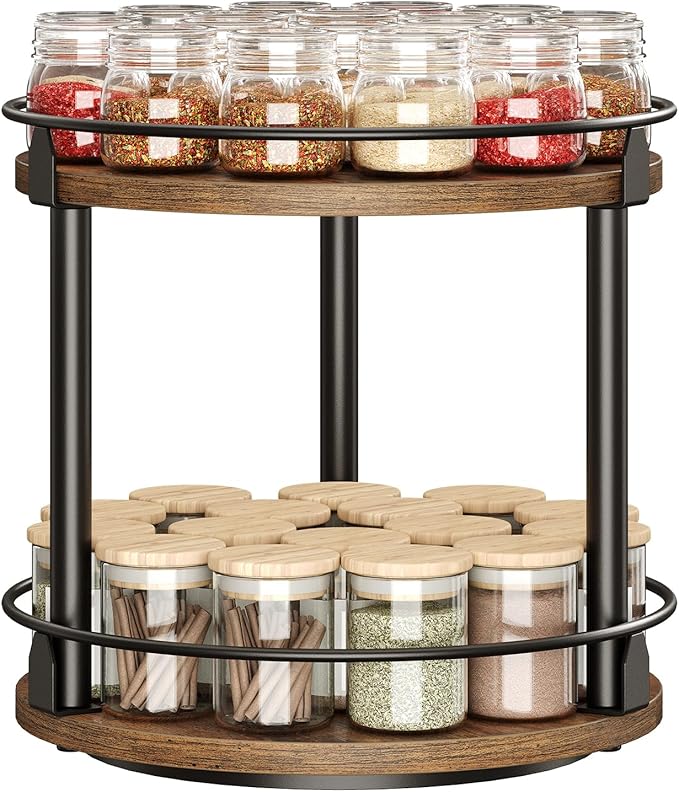 Lazy Susan Organizer, Rotating Spice Rack, 2 Tier Spice Turntable Organizer, Industrial Turntable Spice Holder, for Kitchen Countertop and Cabinet, Compact and Versatile, Rustic Brown SR22BR-Ruum Studio Home