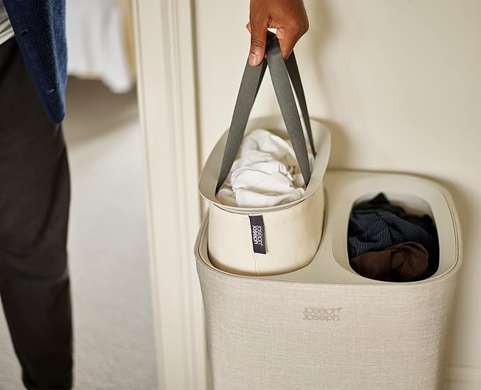 Joseph Joseph Tota 60 liter/15.8 gallon Laundry Hamper Separation Basket with lid, 2 Removable Washing Bags with Handles- Ecru-Ruum Studio Home