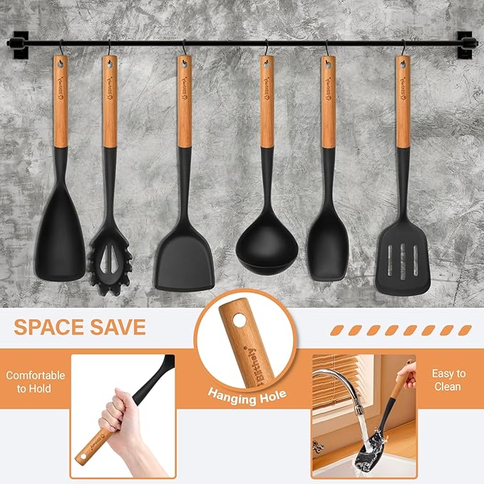 Silicone Cooking Utensils Set, 6 Pack Large Kitchen Utensils Set with Wooden Handle, Heat Resistant Silicone Utensil Spatula Set for Nonstick Cookware, Spatula, Turner, Spoon, Ladle BPA Free (Black)-Ruum Studio Home